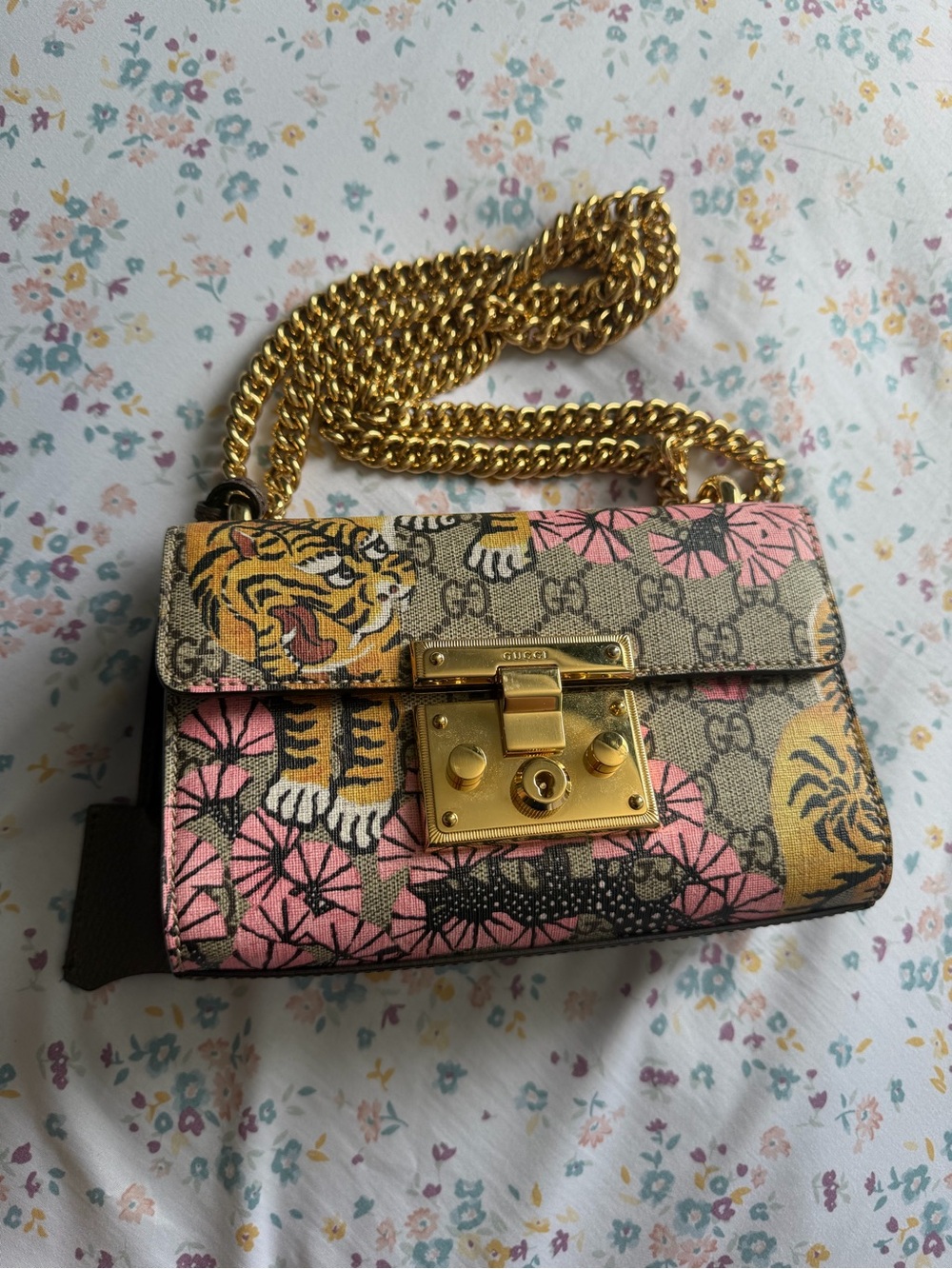 Gucci Pink Floral Tiger GG Canvas Crossbody with Gold Hardware